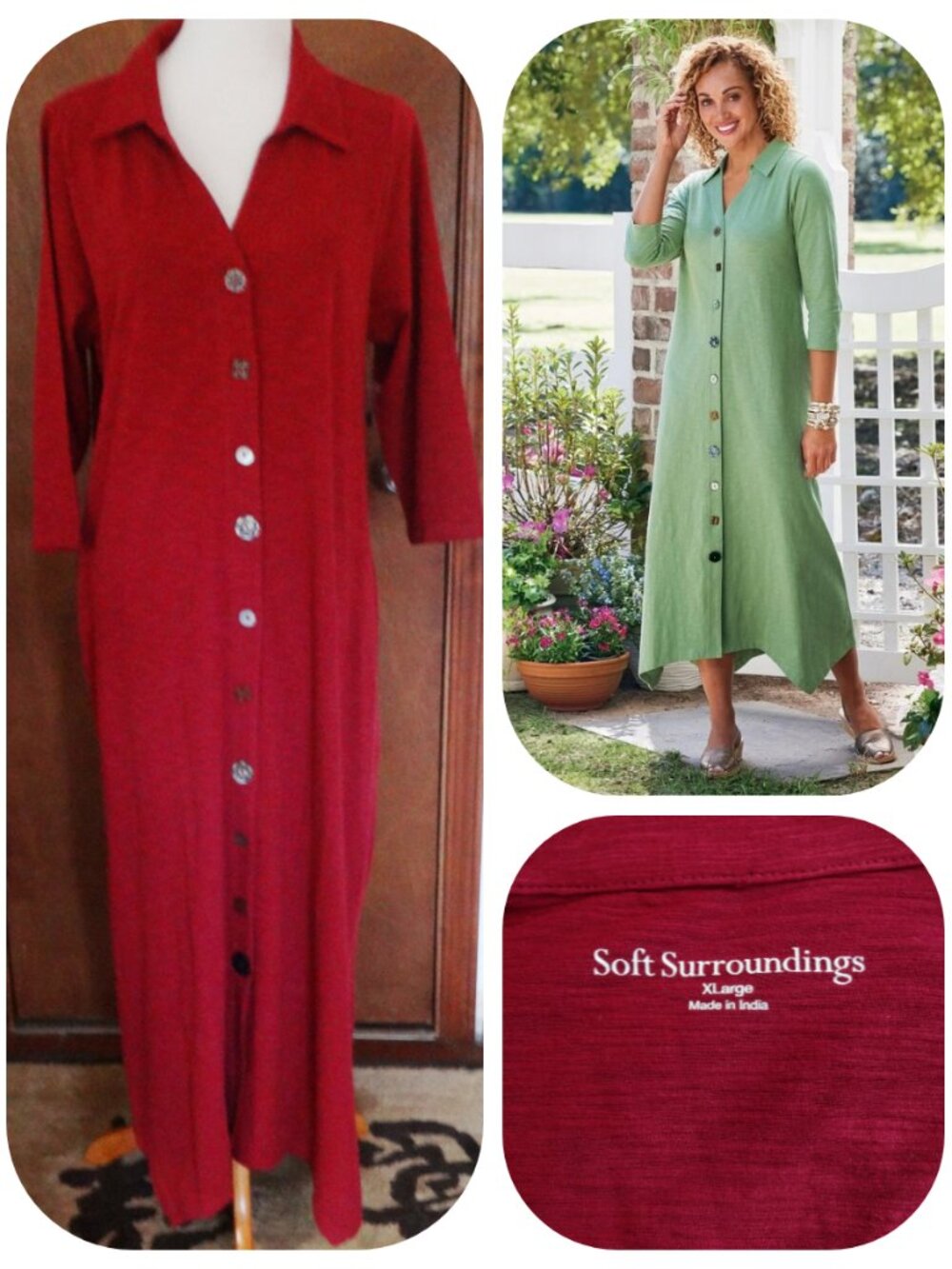 Soft Surroundings XL Danielle 3/4 Sleeve Maxi Shirt Dress, maroon, button mix